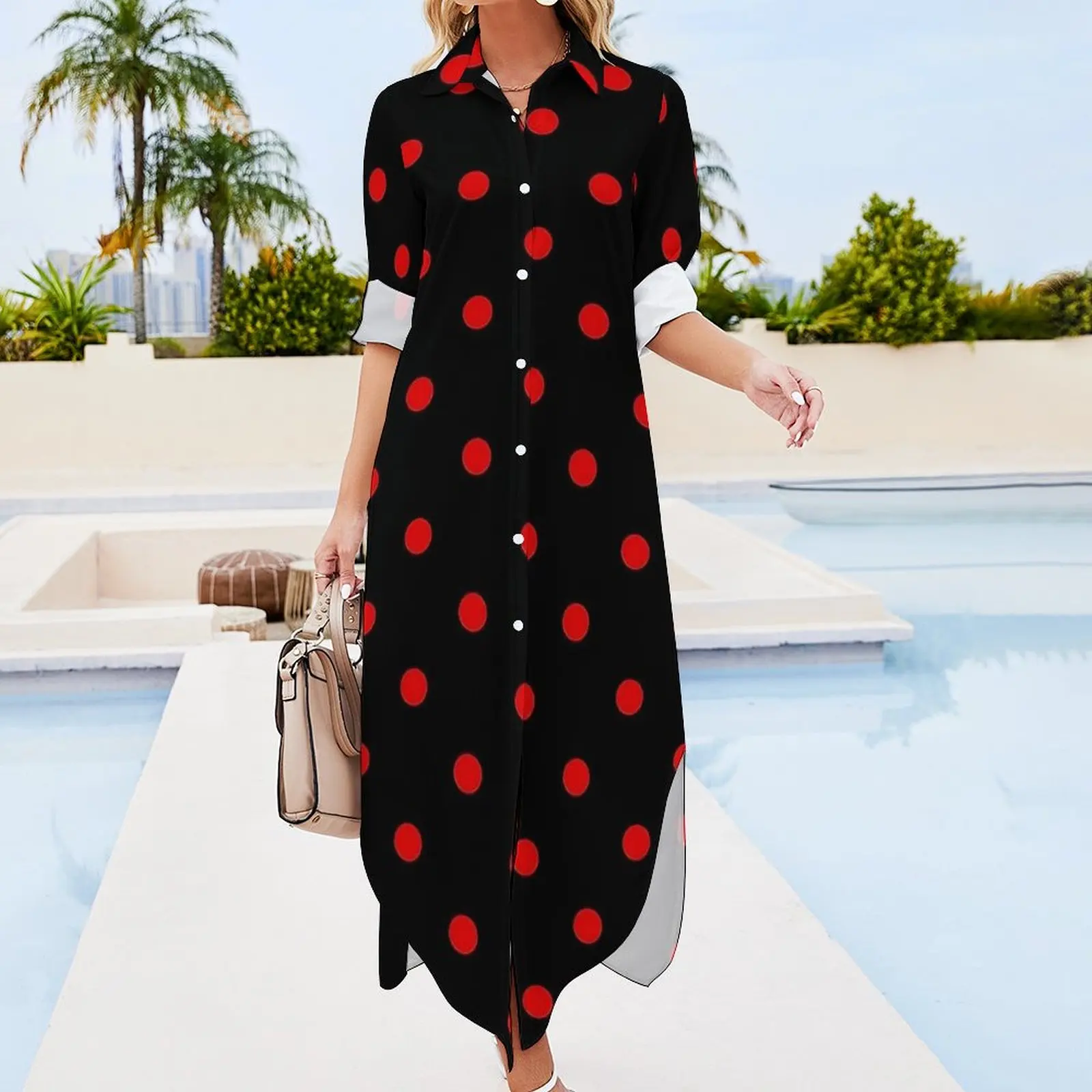 Red And Black Polka Dots Casual Dress  Street Wear Dresses Sexy V Neck Modern Chiffon Dress Long Sleeve Vestidos Big Size 5XL