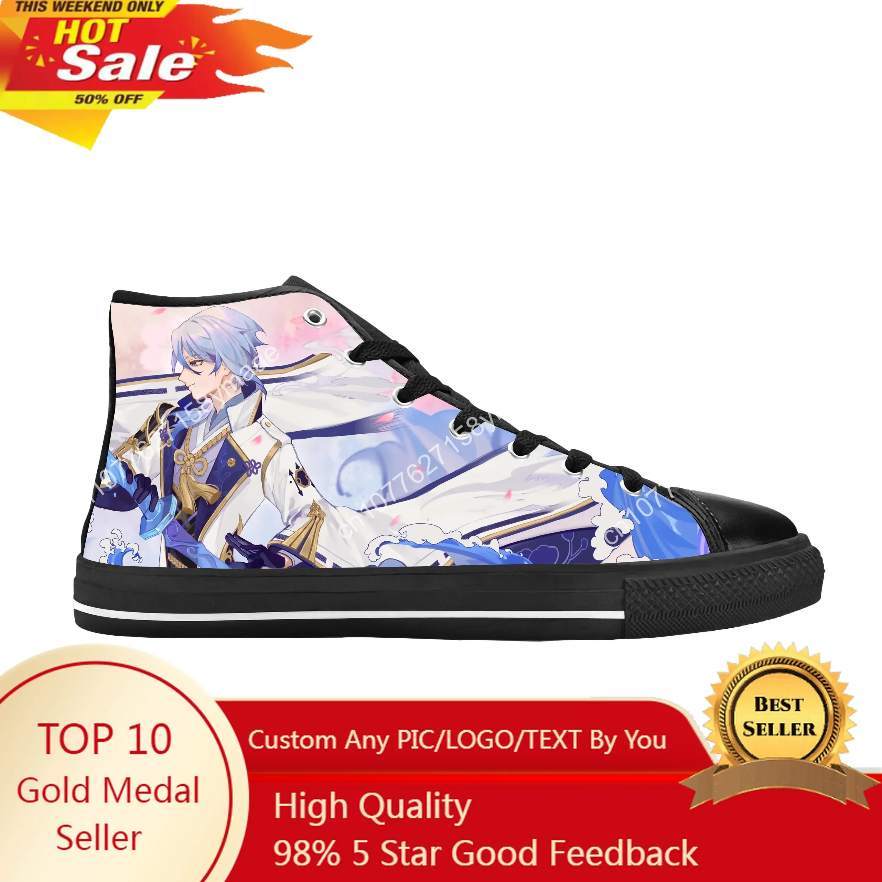 Anime Manga Cartoon Genshin Impact Kamisato Ayato Casual Cloth Shoes High Top Comfortable Breathable 3D Print Men Women Sneakers