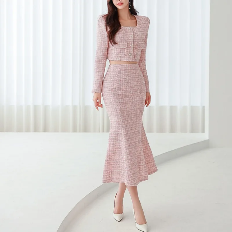 Pink Tweed Jacket + Trumpet Skirts Women Korean Chic Elegant Two Piece Sets Business Square Neck Evening Party Skirts Sets