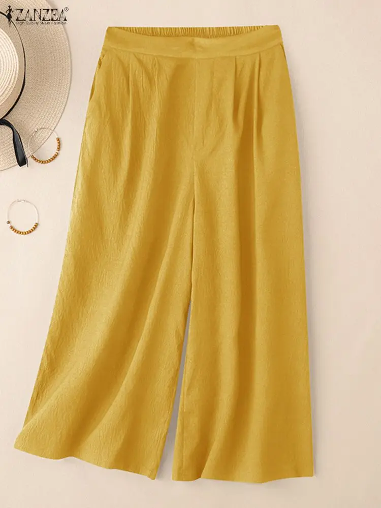 ZANZEA Pantaloni da donna a gamba larga con trama increspata 2025 Pantaloni a metà polpaccio in vita elastica autunnale tinta unita Abbigliamento casual quotidiano