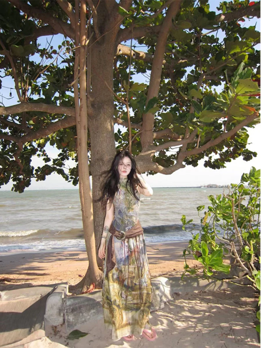 RORORIRI Vintage pittura a olio dolcevita abito intero ritagliato senza schienale gonna lunga per abiti da donna abito da spiaggia per le vacanze croce