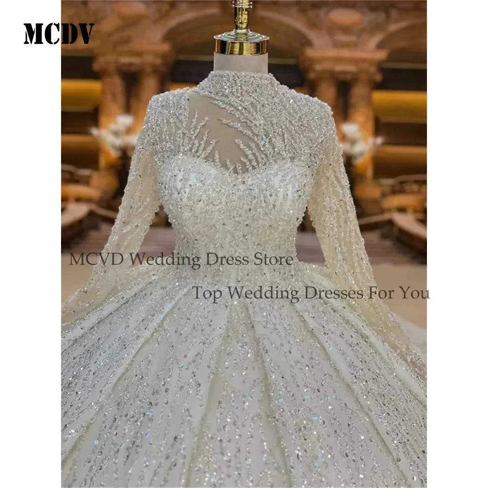 

MCDV Customized Ball Gown Wedding Dresses High Neck Beads Sequins Long Sleeve Bride Dresses Arabic Bridal Gown Vestidos De