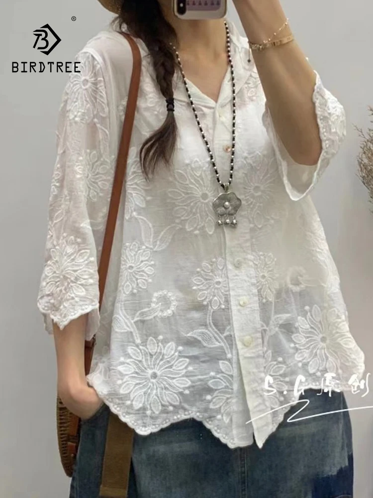 

New Summer Cotton 3/4 Sleeve Hooded Shirts Woman Embroidery Retro Top Mori Girl Casual Loose Sweet Blouses 2024 Autumn T47563QC