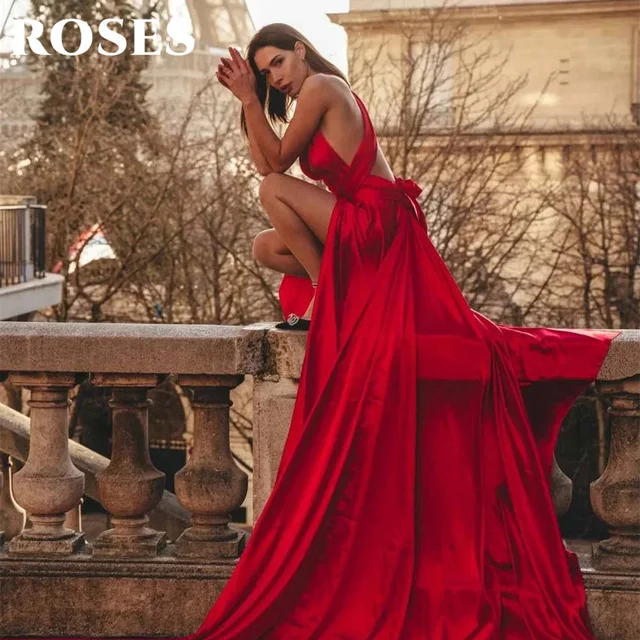 ROSES Red Elegant Stain Prom Dress Sleeveless Formal Gown Backless Trumpet V-Neck Pleats Party Dress for Woman 프롬 드레스 Customized 4