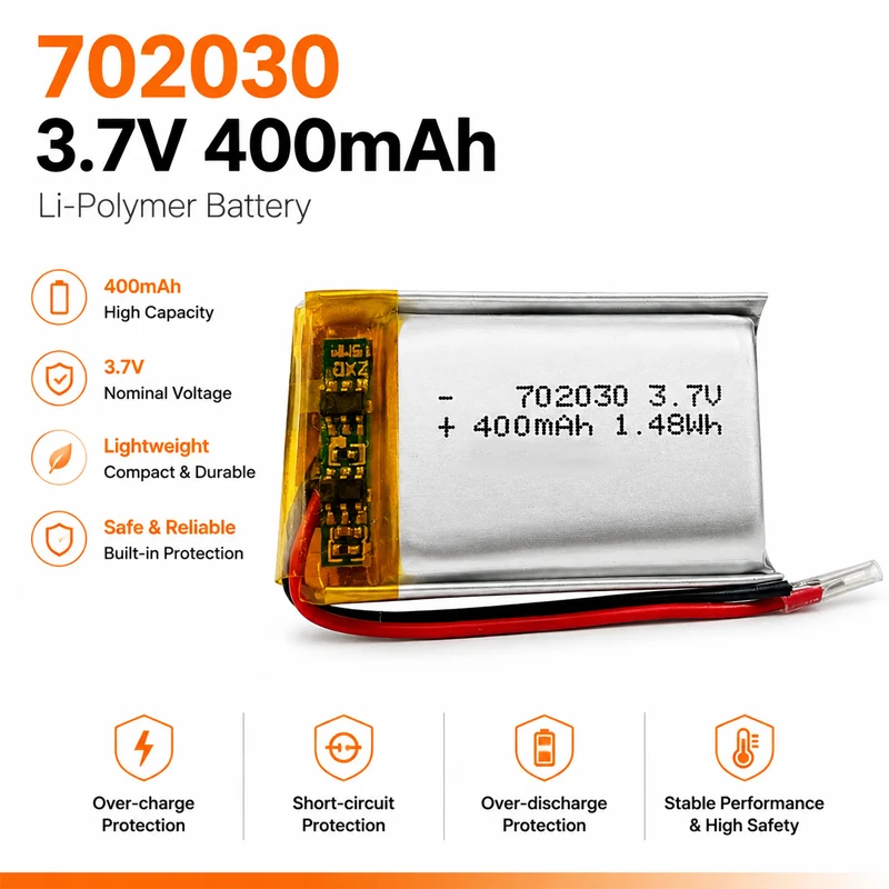 High Quality 3.7V 702030 400mAh Lithium Polymer Rechargeable Battery for DIY GPS PSP DVR Remote Control Drone Beauty Instrument