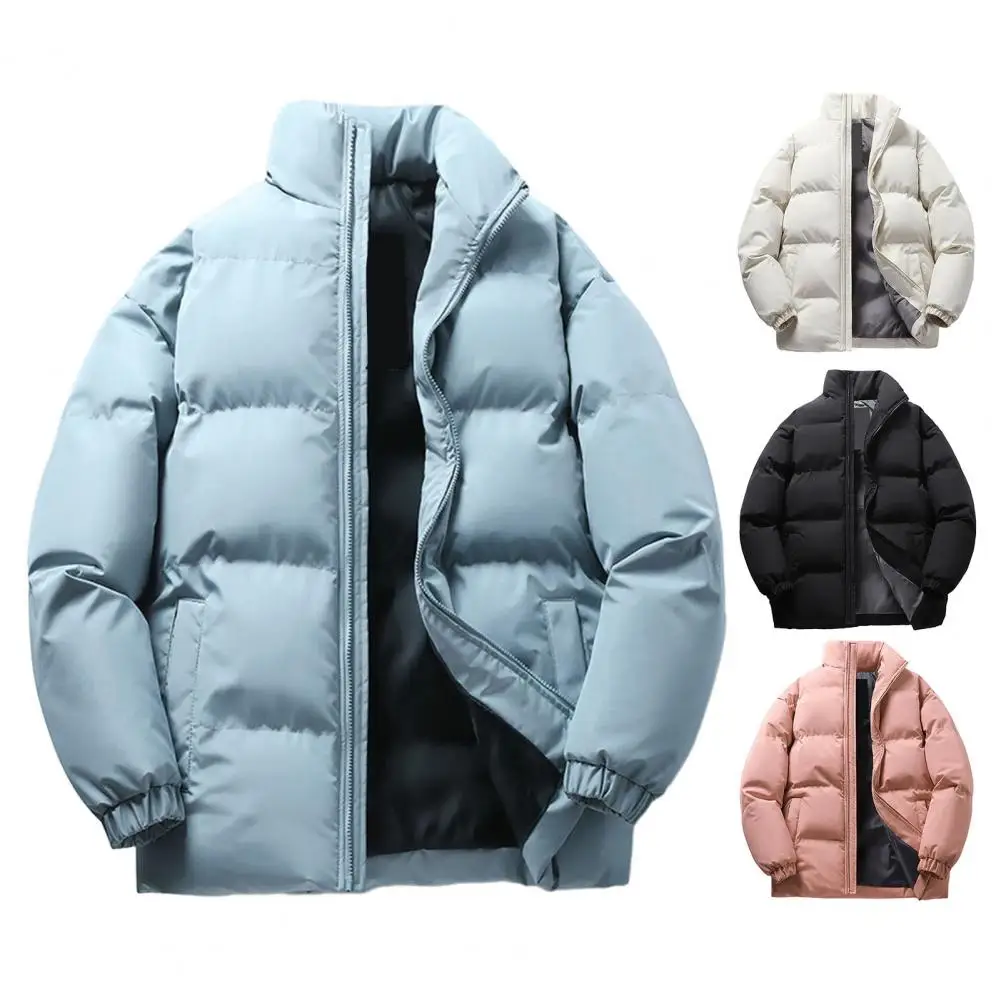 Men Winter Down Coat Thickened Padded Stand Collar Neck Protection Windproof Coat Warm Elastic Cuff Loose Men Cotton Coat