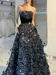 Black Shinny Luxury Celebrity Dress Strapless Sleeveless Ball Gowns Sequin Floor Length Slim Waist Evening Party Prom Gowns