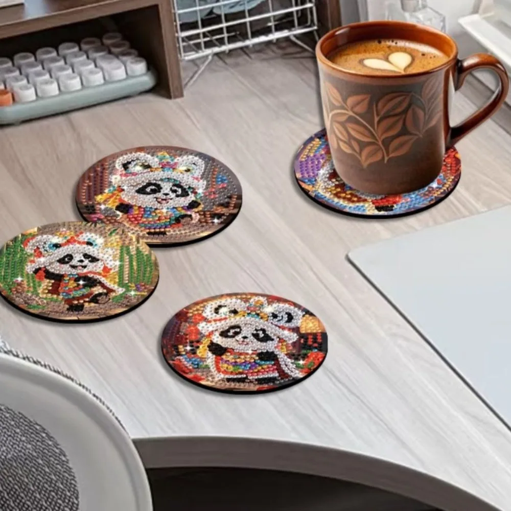 8PCS/6PCS With Stand DIY Painting Coasters Entry-level Handmade Round Art Coasters Table Protector Cute Panda