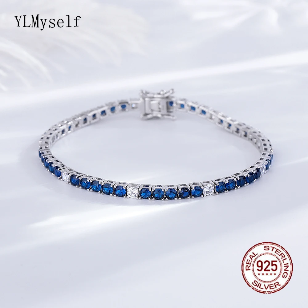 Real 925 Jewelry 16/17/18cm Chain Pave 3 mm Montana Dark Blue Sapphire Mix Clear Cubic Zircon Pure Silver Tennis Bracelet