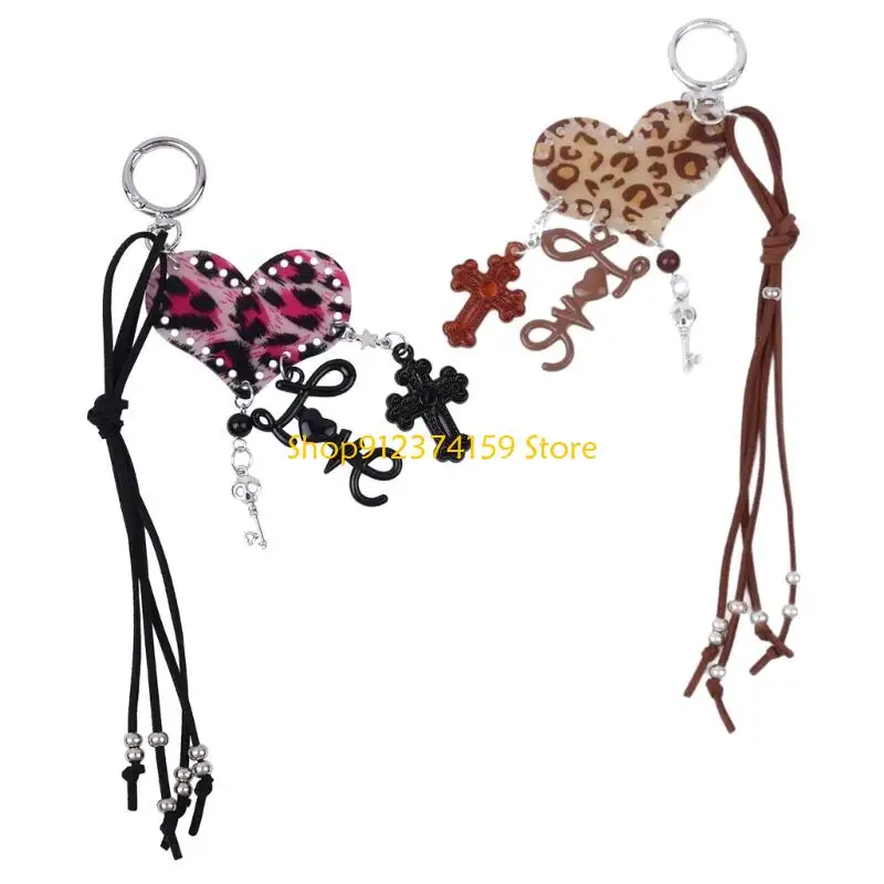 

G5AE Bag Charm Pendant Keyring Heart Key Crosses Braided Rope Keychain Bag Charm for Backpack Purse Handbag Decoration