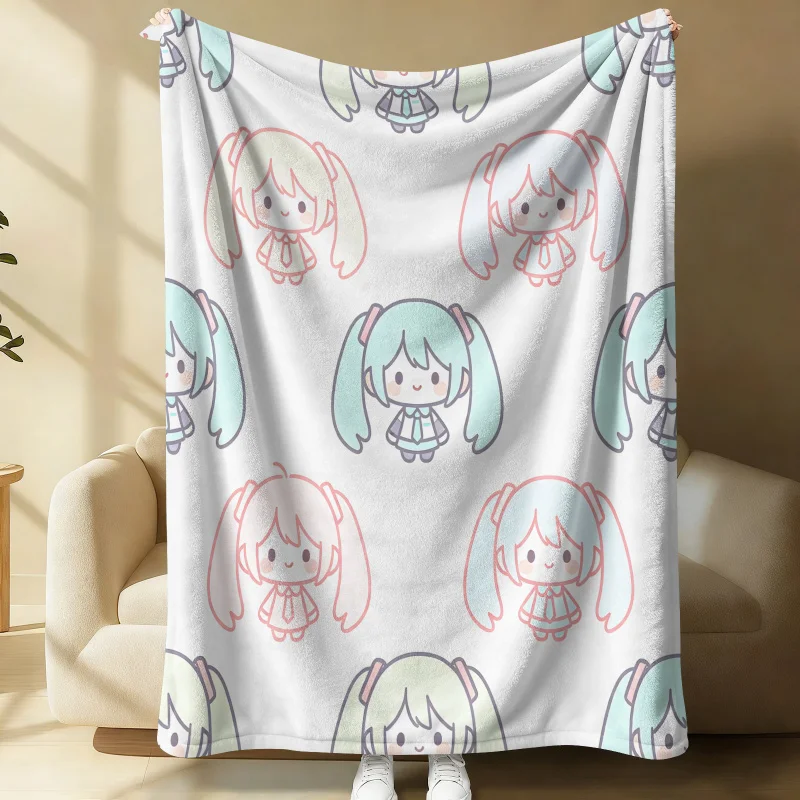 Hatsune Miku Pastel Chibi Print Flannel Throw Blanket Bedroom Decor Cute Anime Nap Blanket Air Conditioner Throw Sofa Throw Cove