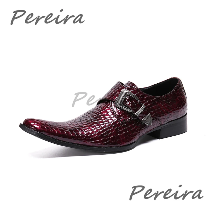 British Style Wine Red Business Dress Shoes Metal Buckle Square Toe Cow Leather Low Heel Shoes Summer New Party Wedding Shoes