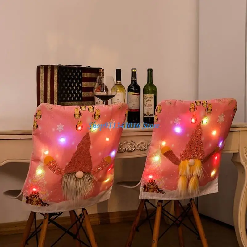 Christmas Faceless Gnome Chair Cover LED Light Pink Chair Back Slipcover Decor