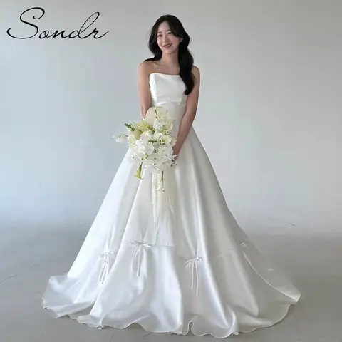 Sondr 한국인 후기 많은 드레스,웨딩스냅드레스,한국어 웨딩 드레스 맞춤형 라인 우아한 신부 가운 Strapless 실크 새틴 보우 웨딩 스냅 드레스 2025
