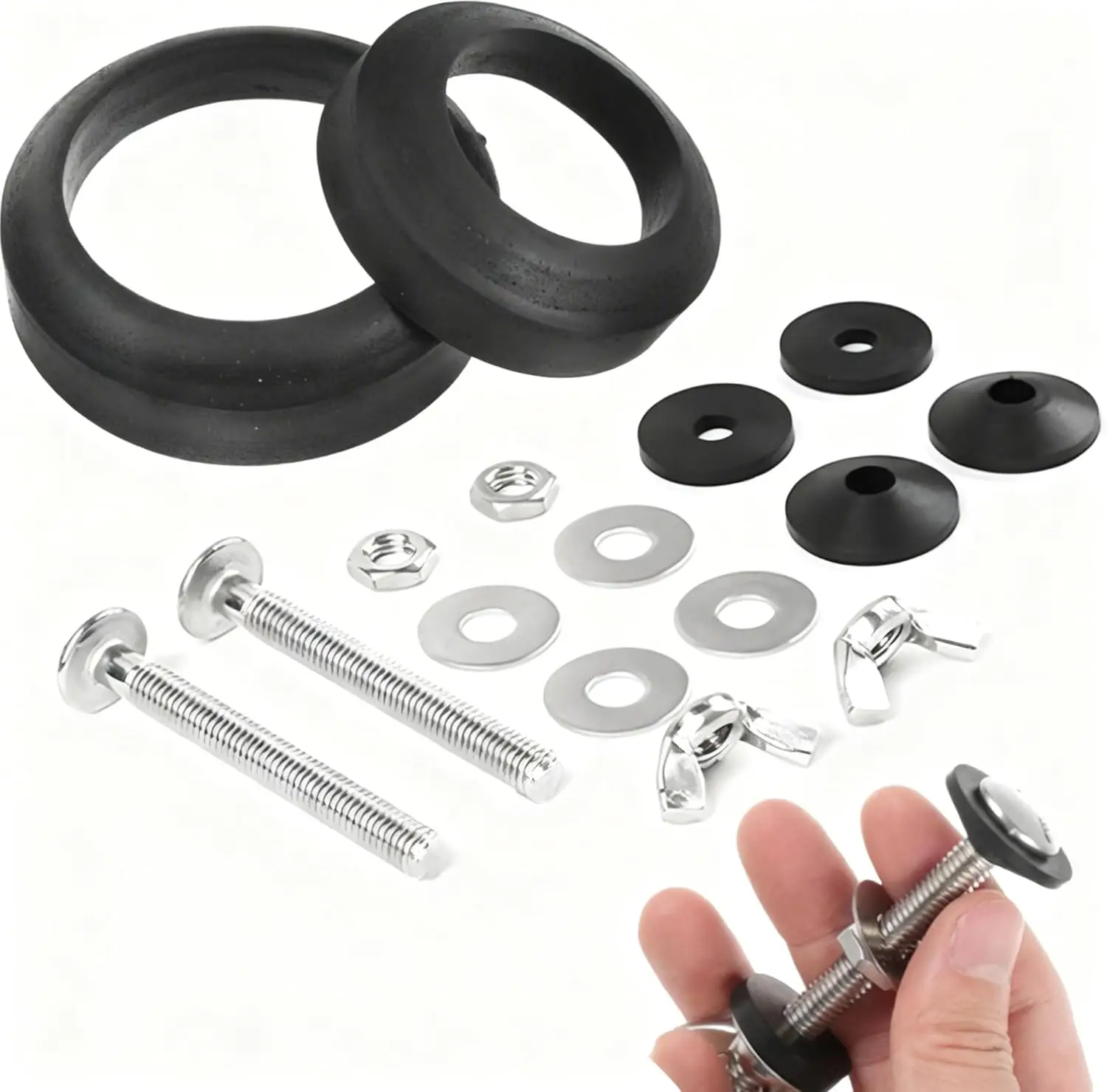 

Toilet Tank Bolt Set, Universal 2-Piece Toilet Fit, Stainless Steel Bolts, Rubber Gaskets, 2 Sets with Washers Nuts