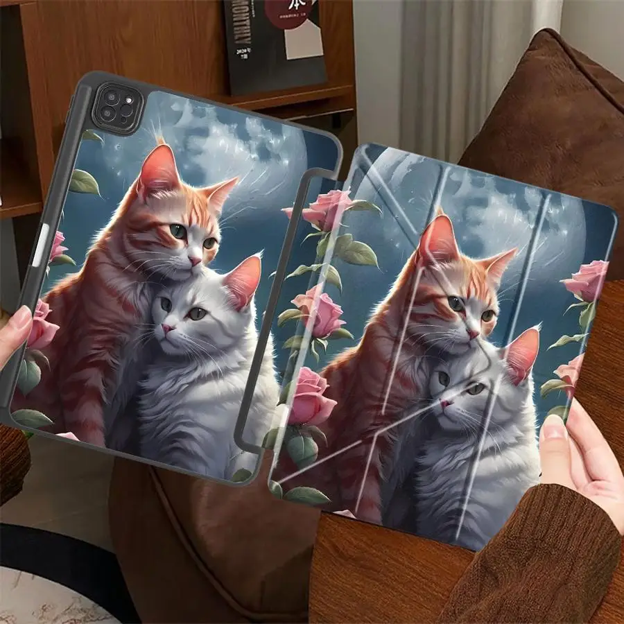 

Cartoon Rose Cat Tablet Case For iPad Pro 11th 10th 9th 8th 7th 12.9inch Mini 6 7 Air 4 5 M3 M2 M4 11inch Pro 2025 Holder Cover