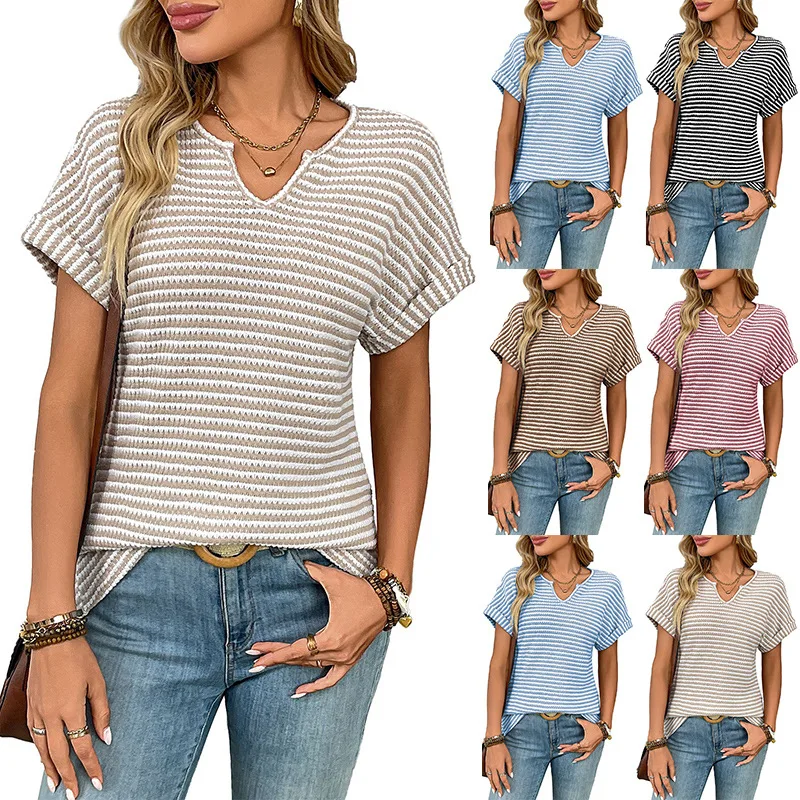 

Y2K Spring/Summer New Arrival Solid Color Casual Loose Women's Shirt - Fashionable V-Neck Short-Sleeve Striped Loose Elegant Top