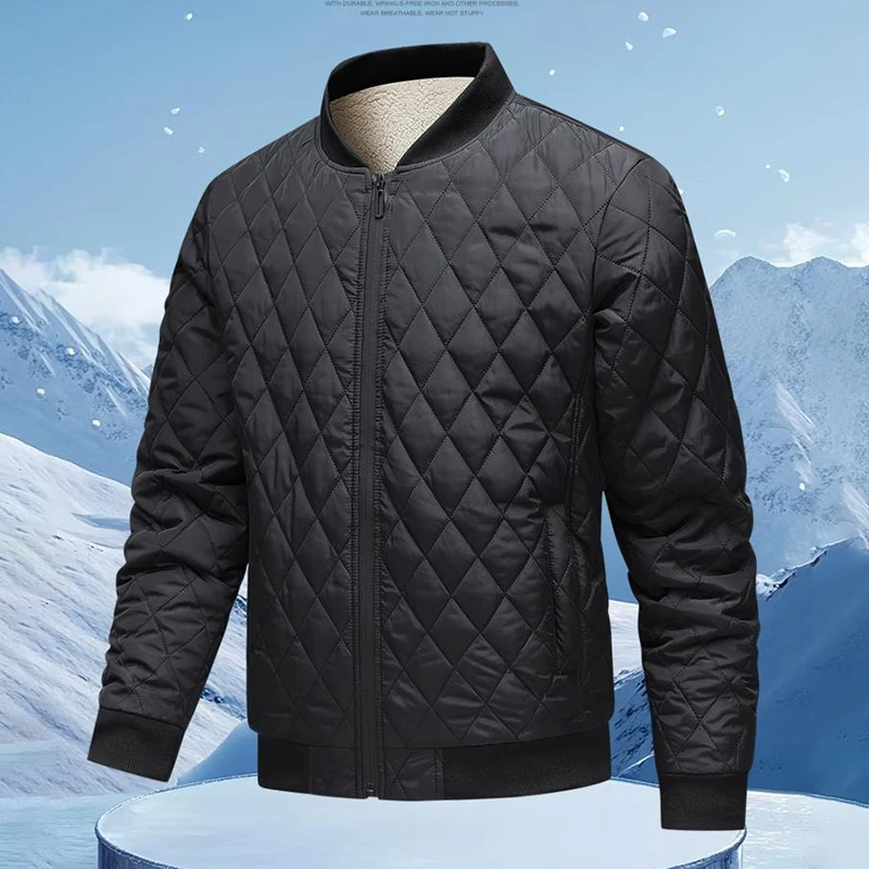 

New Men's Fleece-Lined Jacket Winter Warmth Trend Diamond-Quilted Cotton Coat Men Fashion Baseball Collar Jackets European Sizes