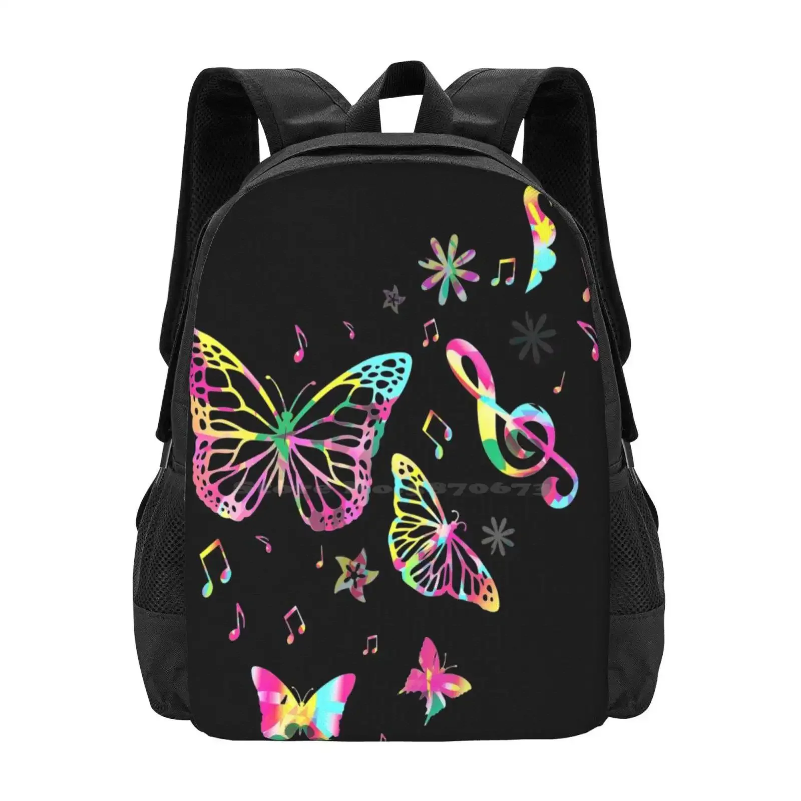

Mariposas Bailando Hot Sale Schoolbag Backpack Fashion Bags Mariposas Colores Neon Notas Musicales Bailan Jardín Azul Flores