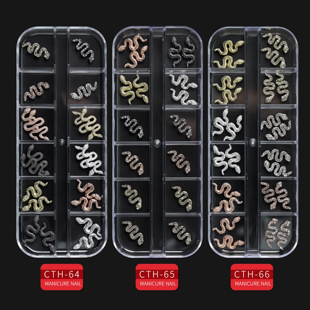 12Grids Silver/Gold Zircon Large Snake Bling Nail Charms 3D Nail Art Decoration Alloy Nail Charms Jewelry for Nail Luxury Nails
