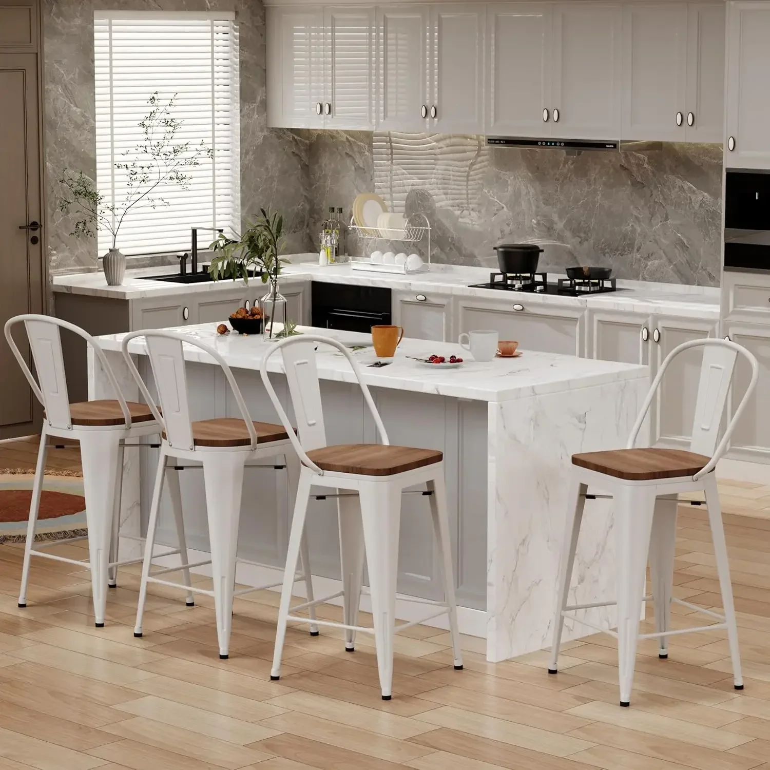 24 Inches Metal Barstools Set of 4 Counter Height Bar Stools Industrial Stools with Backs High Back Chairs for Kitchen Island (2