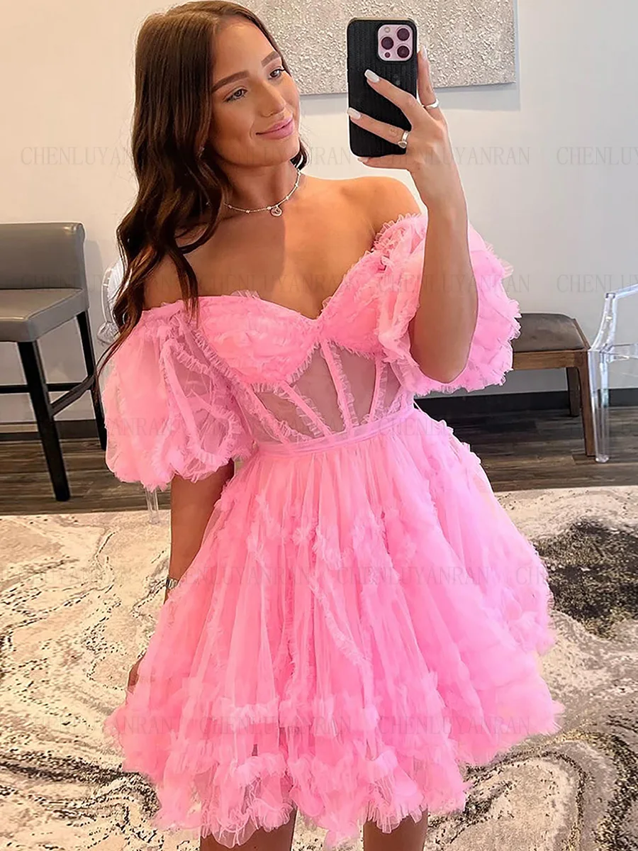 Pink Tulle Formal Occasion Dresses 2023 Puffy Sleeves Mini Homecoming Dress A-Line Sexy Evening Gowns فساتين مناسبة رسمية