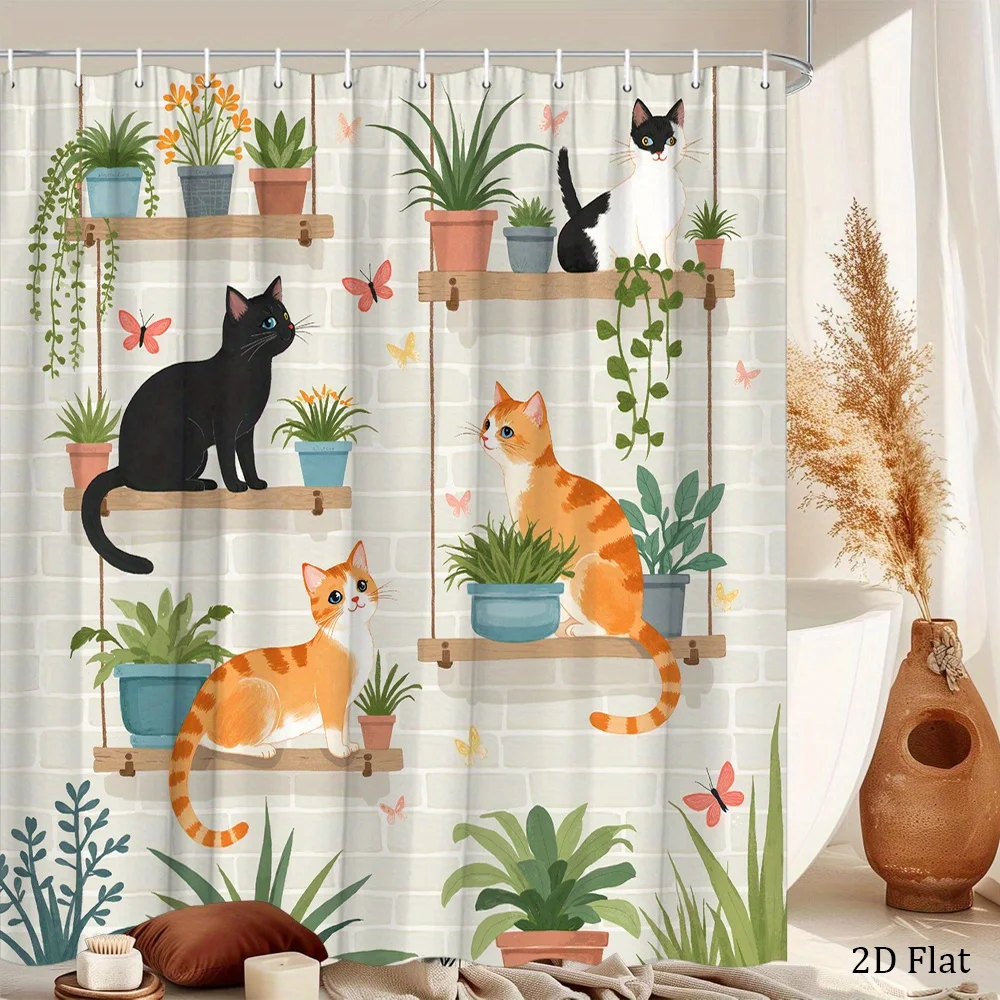 One Whimsical Shower Curtain Featuring a Cat And Plants, Set Against a Light Gray Brick Backdrop in a Watercolor Design. Perfect