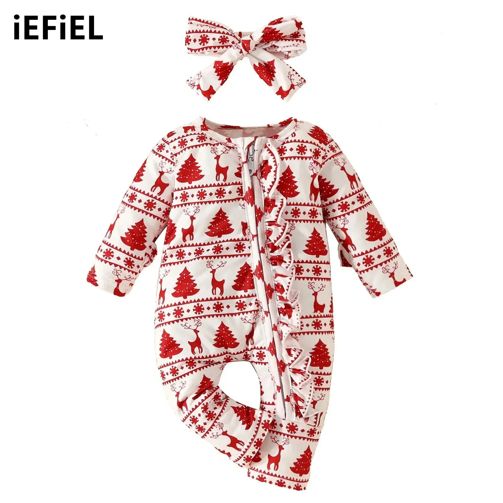 

Baby Girls Christmas Costume Fall Winter Warm Romper Long Sleeve Ruffle Deer Print Oblique Zipper Bodysuit with Headband