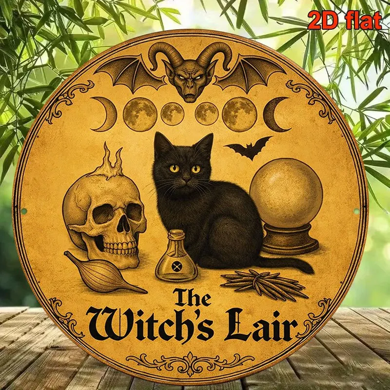 2D Flat, Flat 2D Style, 1pc Round Wooden Plaque, Printed with a Black Cat and Witch-related Moon Phase Pattern. Vintage Wooden H