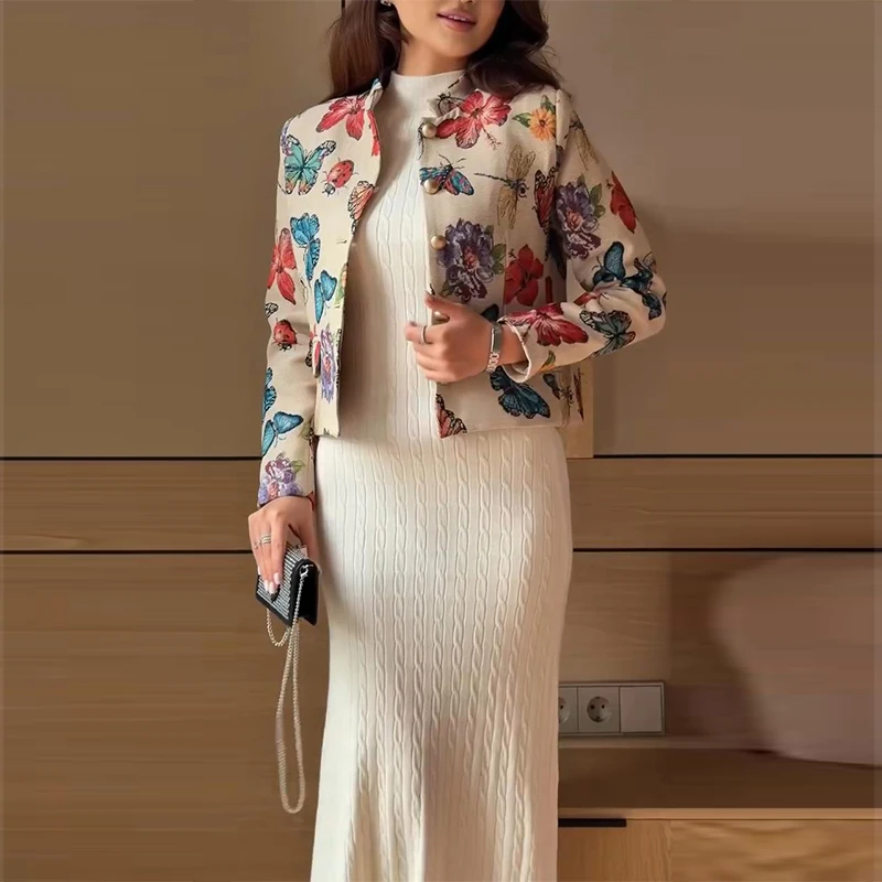 Damen-Crop-Mäntel mit Stehkragen, Jacquard-Muster, langärmelig, Herbst, einreihig, mit Paneelen, schicke neue Oberbekleidung – Detail 15