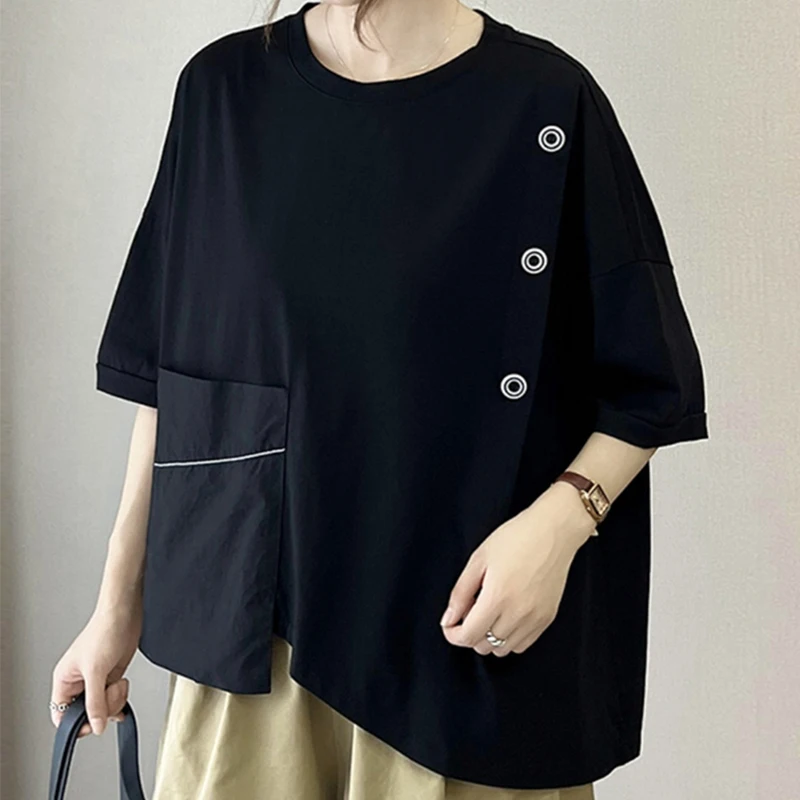 Summer O Neck Women Short Sleeve T Shirt Spliced Irregular Fashion Vintage Literary All-match Oversized Clothing Top Black White