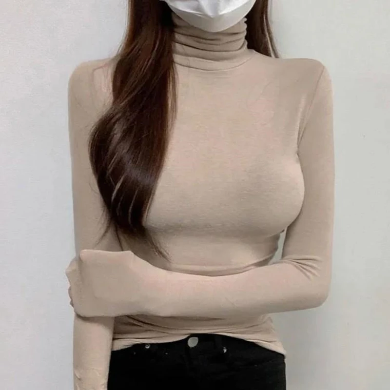 

Slim Fit High Collar Long Sve T-irt Women's Light Tawny Color Sexy Slimming Base irt Autumn Winter Inner Wear Hot Girl...