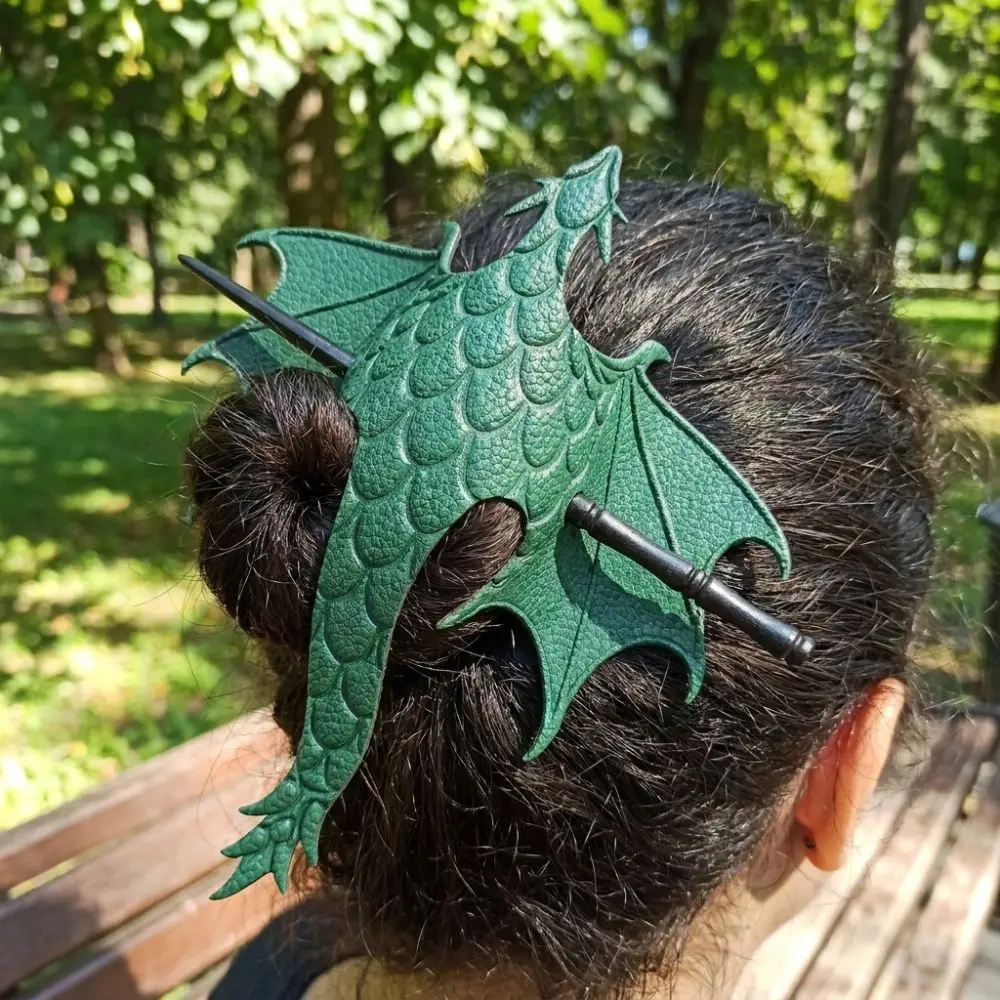 Carved Dragon Medieval Leather Dragon Hair Stick Gothic With Wooden Stick Flying Dragon Wing Hair Accessory Flexible
