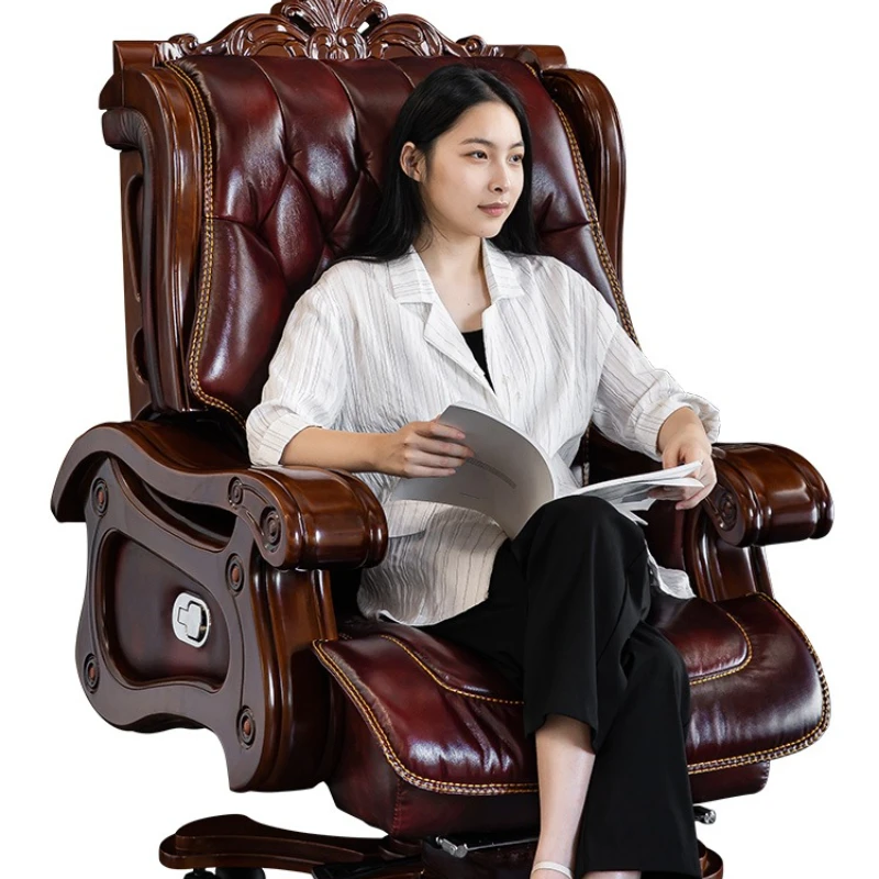

Leather Boss Chair Luxury Business Classroom Chair Solid Wood Office Massage Reclining Home Computer