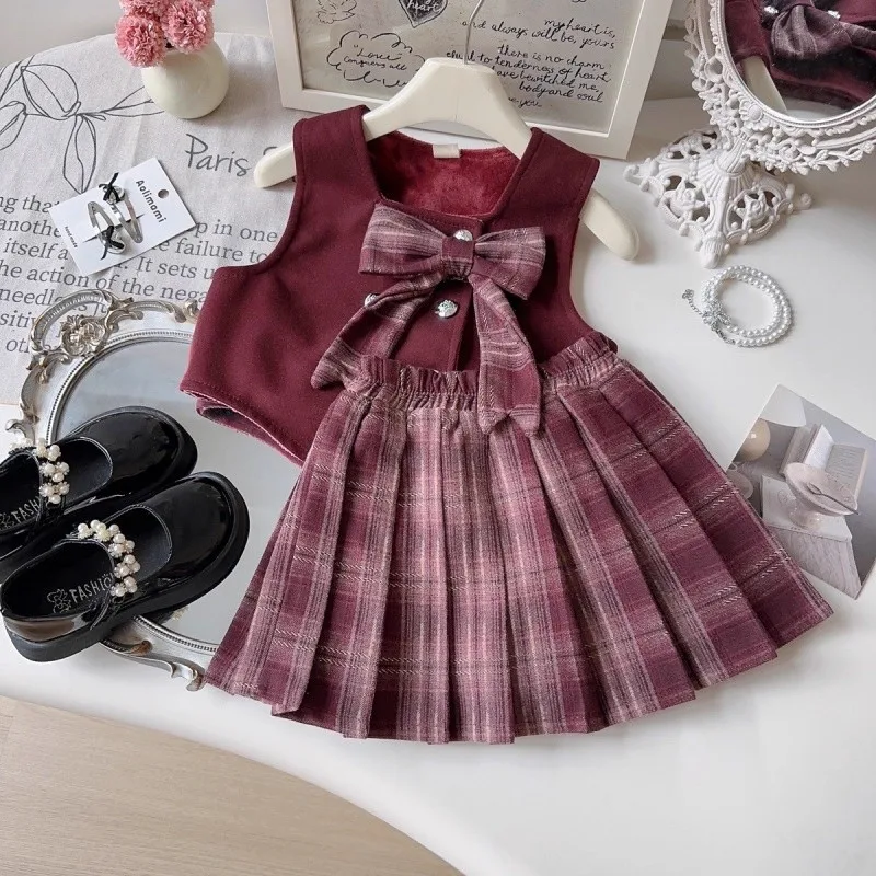 Girls Korean New Year Set 2025 Autumn Winter New Girls Baby Fashion Bow Vest Plaid Skirt Two Piece Set