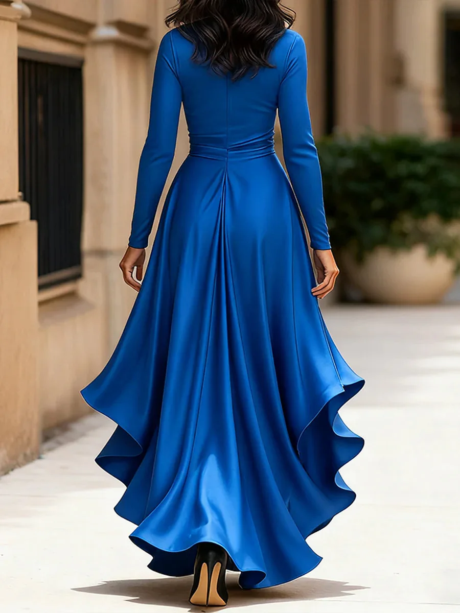 Womens Dresses 2025 Spring New Solid Color Satin V-Neck Long Sleeve Waist Cinched Irregular Ruffle Hem Elegant Party Dress