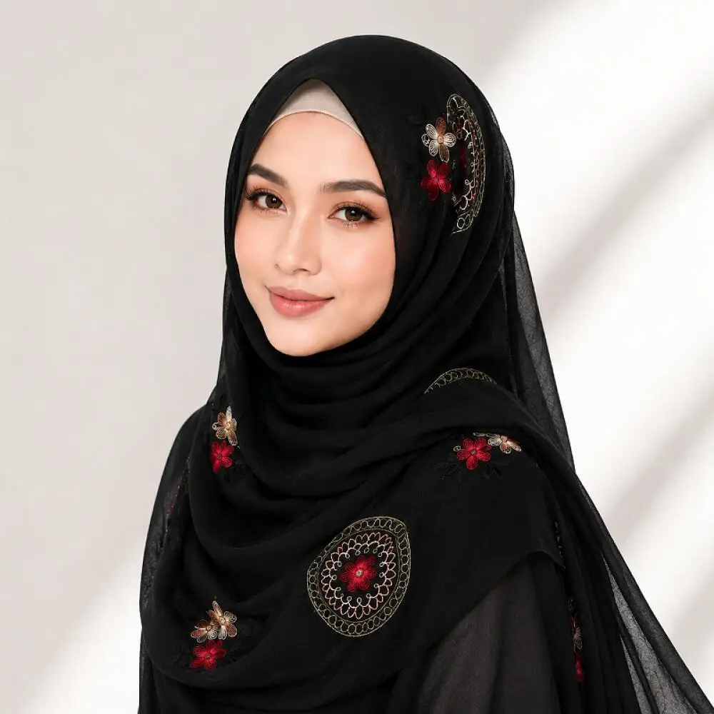 Hijab Scarf Premium Long Chiffon Organza Floral Embroidery Shawl for Women Muslim Spring Summer Sunscreen Wrap