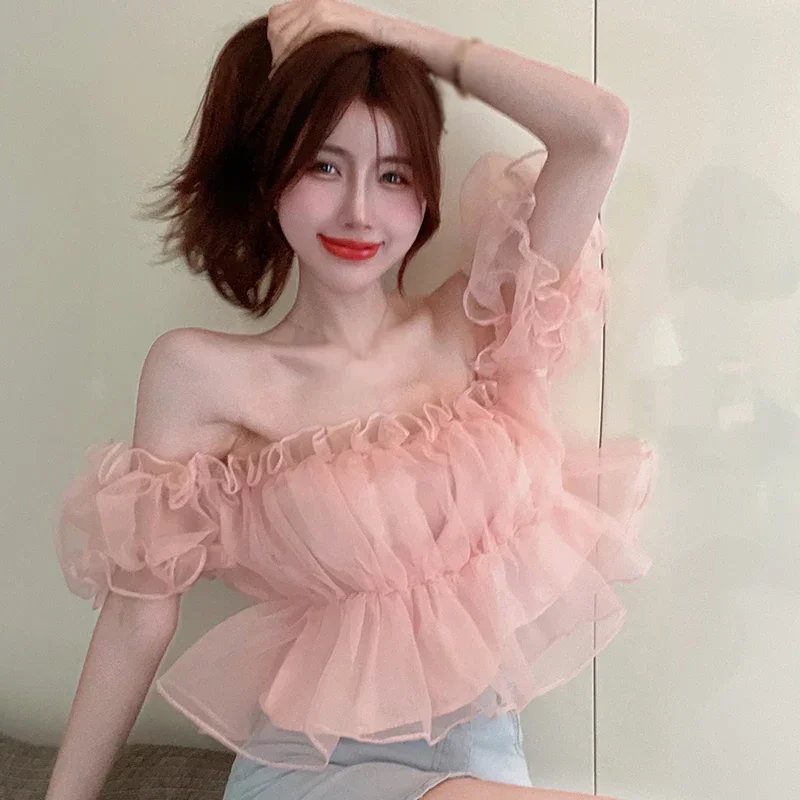

Puff Sleeve Blouses For Women Trendy Summer Cute Popular Ulzzang Solid Ruffles Slim Fit College All-match Korean Style
