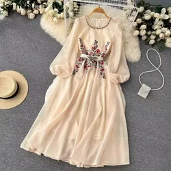 Heavy Embroidery Dress for Women 2024 Vestidos De Mujer O-neck Long Sleeve Gauze Robe Femme Temperamant Beading Maxi Dresses