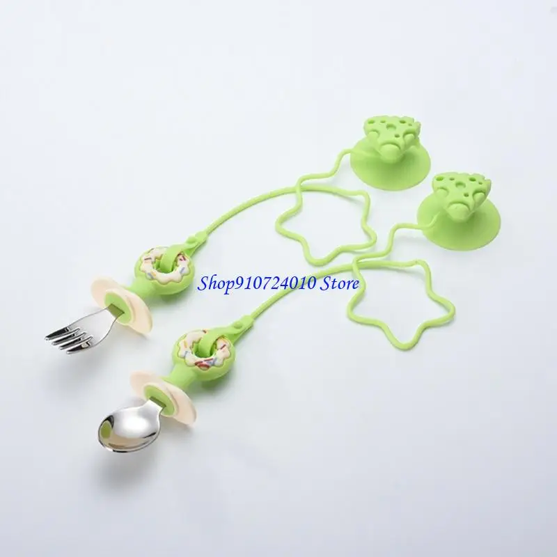 

77HD Training Spoon Fork for Baby Stainless Steel Silicone Suction Base Easy Grip
