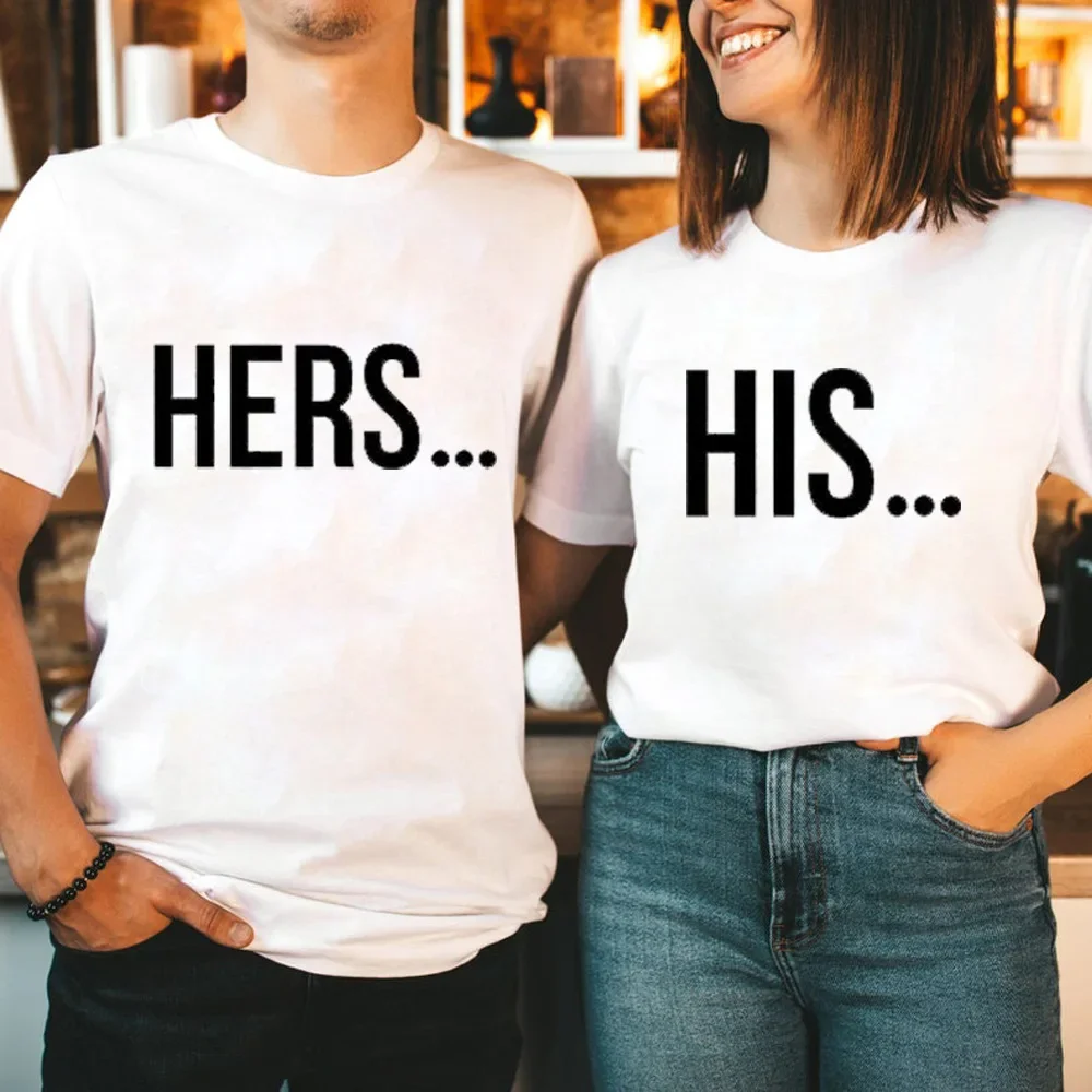 

Valentine's Day Her His Ellipsis Letter Print Lovers T Shirt Couple Short Sleeve O Neck Loose Tshirt Women Man Tee Shirt Tops