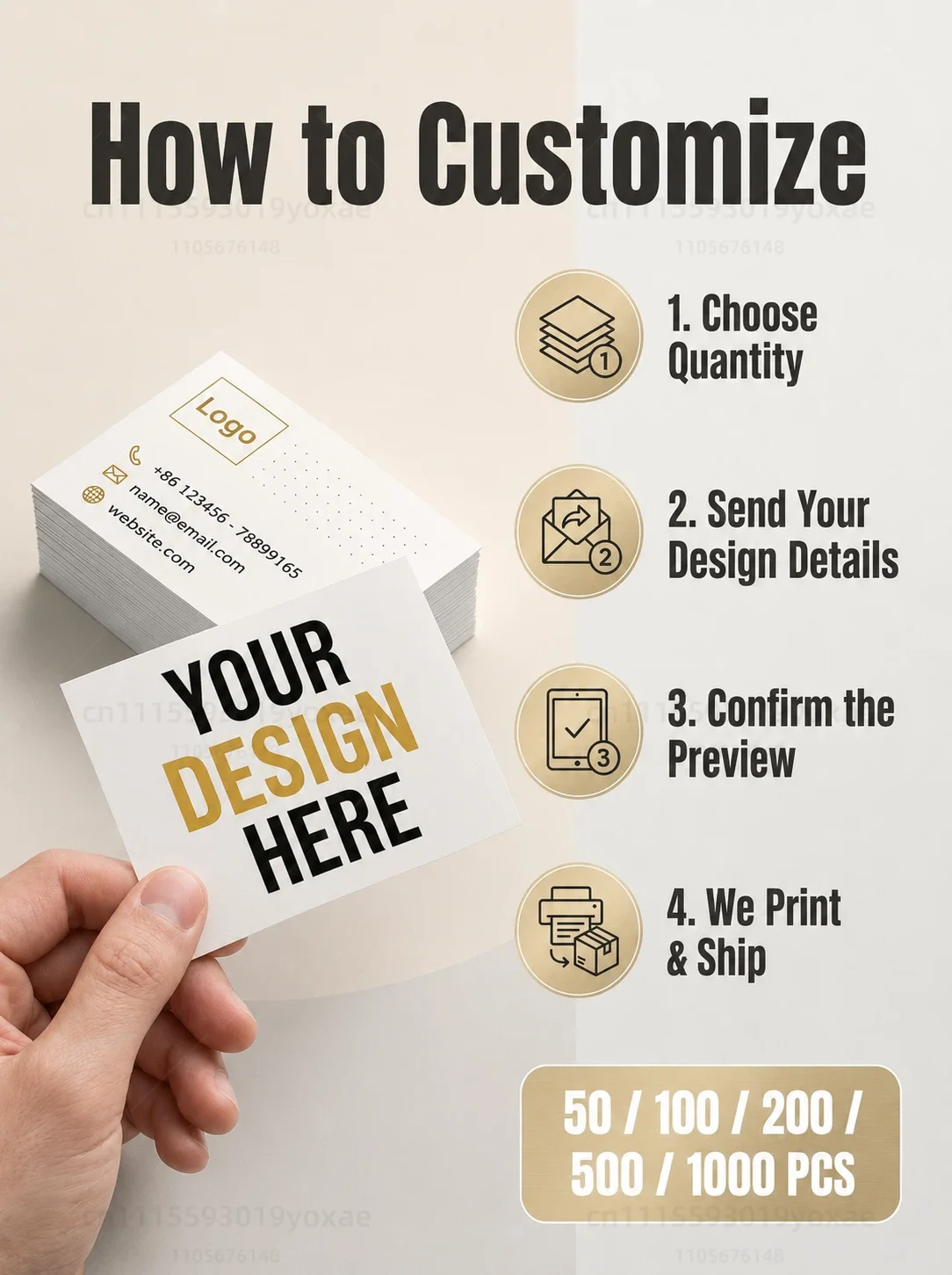Custom Business Cards 300gsm Matte Water-Resistant Paper Double-Sided Printing Logo Text QR Code Photo 90x54mm 50-1000Pcs Set
