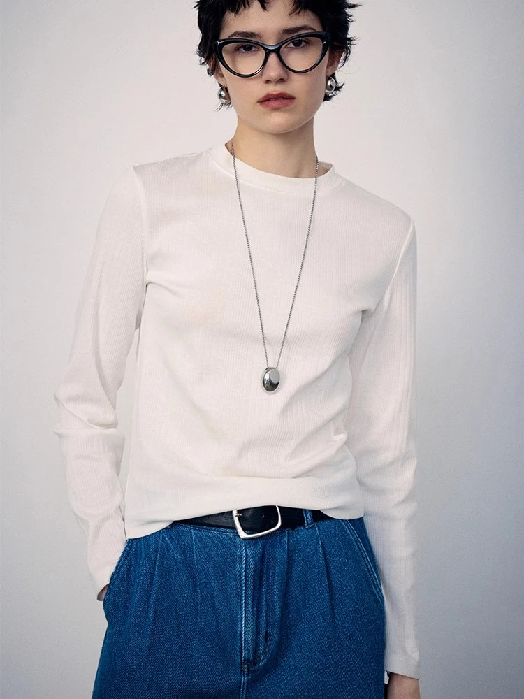 Katoenen kleine halfhoge kraag, onregelmatig geribbeld effen wit basisoverhemd met hoge elasticiteit voor herfst en winter 2025