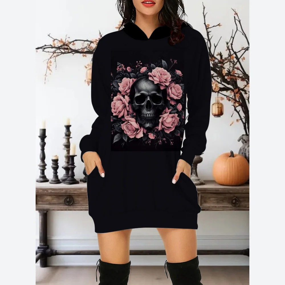 Halloween Clothes Long Sleeve Hoodies&Sweatshirts For Women Halloween Skull And Rose Print Party Sweatshirt Hoodie Mini Dress