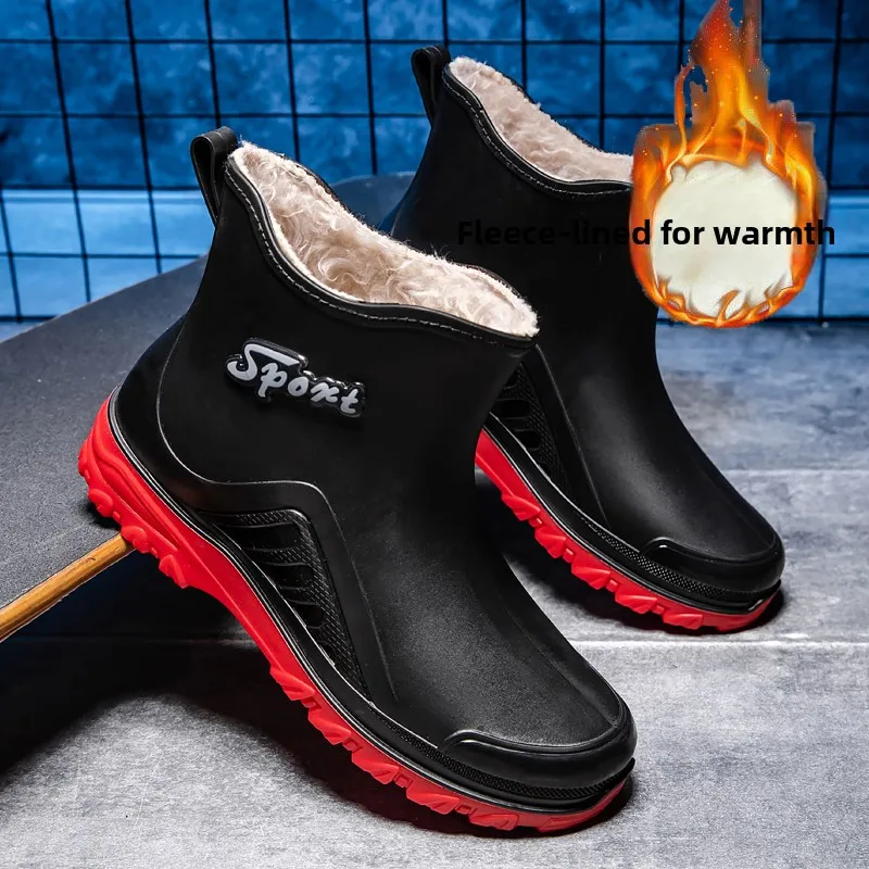 Men's Rain Boots Anti-Slip Thickened Fleece Short Tube Waterproof Fishing Boots Winter New Style Rubber Shoes Youth Size