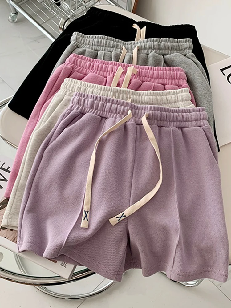 Summer Shorts Women Elasticity Lovely Girls Korean Style Sweet Students Harajuku Simple Pure Gray Oversize Trousers Female