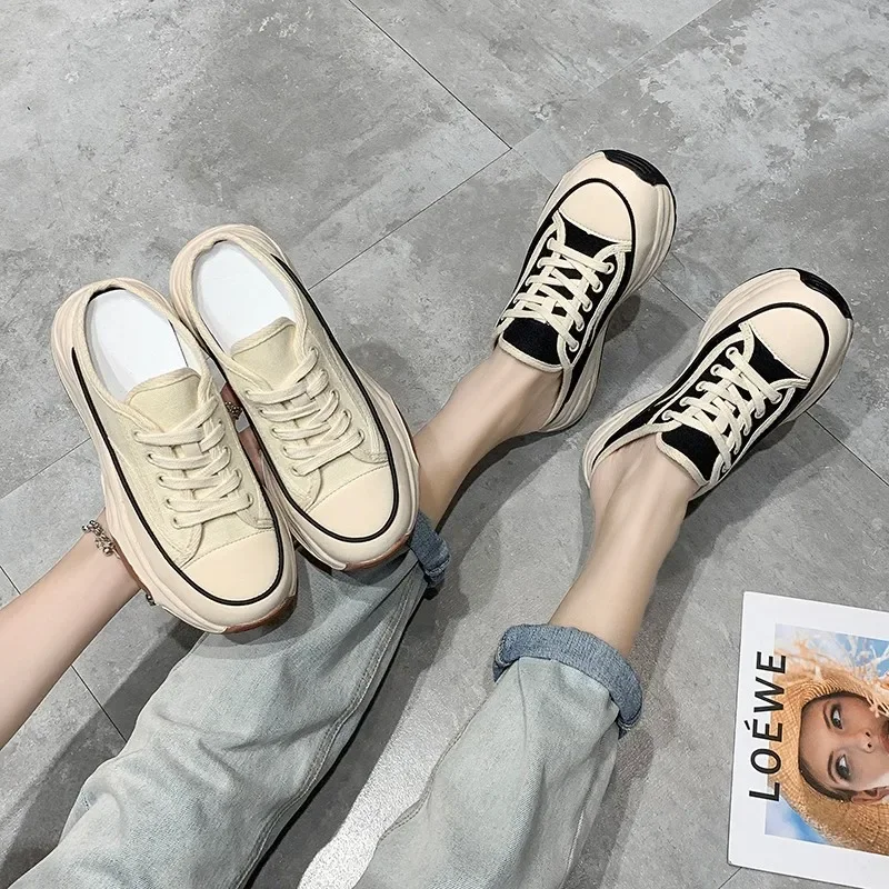 2023 Spring Autumn Women\'s Slippers Fashion Baotou Half Slippers Wear New Style Muffin Lace-Up Casual Canvas Slippers of Women