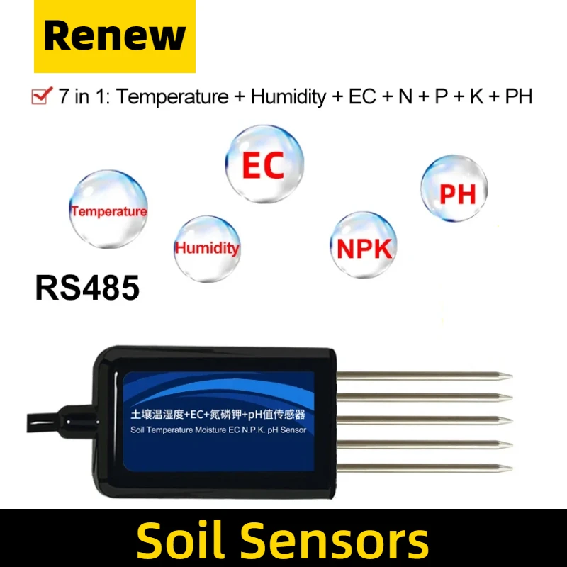 Agricultural Soil 7 in 1 Detector Temperature And Humidity Sensor Conductivity Nitrogen, Phosphorus, Potassium, PH,  EC, NPK