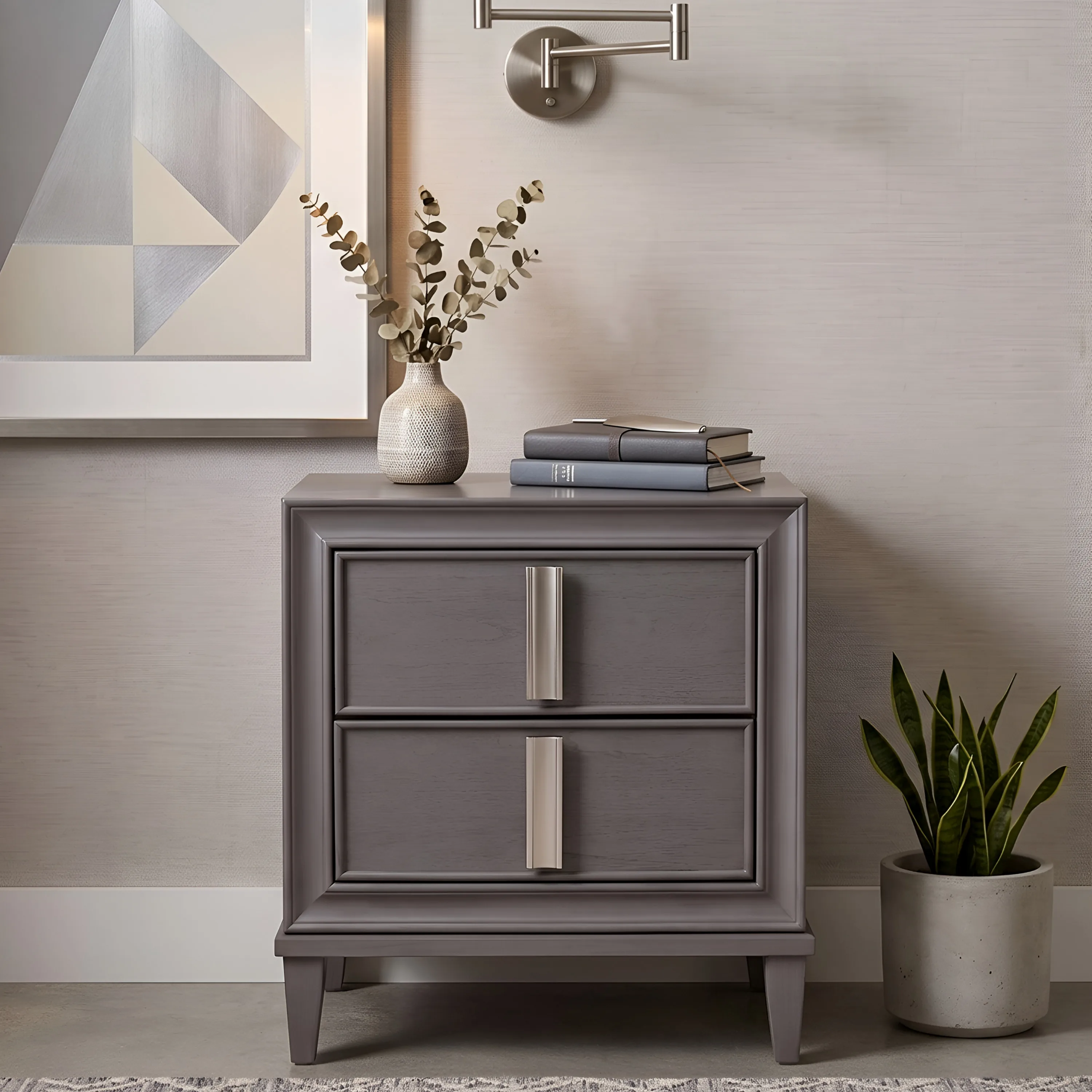 Gray 2 Drawer Nightstand Solid Wood & MDF, Fully Assembled Bedside Table with Metal Handles & Metal Glides
