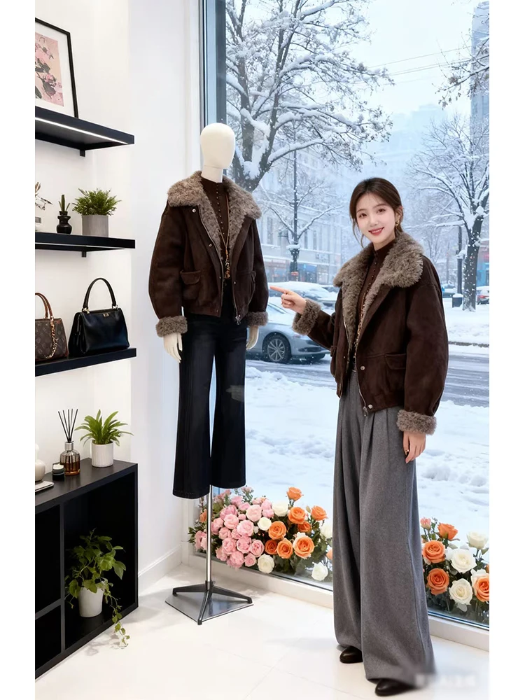 

Women's Suede Fce Lined Thiened Cotton Jaet Coat Flip Collar Warm Commute Sle Long Sve Zipper Closure Winter Oute...